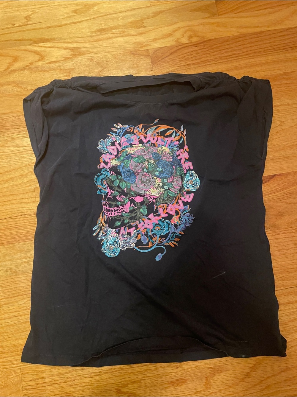 Zadig & Voltaire Black Tee with Multicolor Floral Skull Graphic